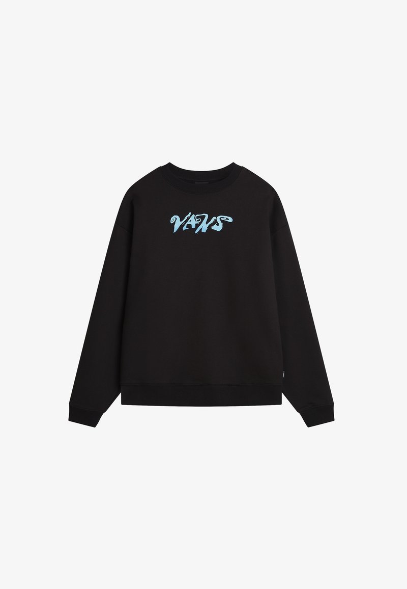 Sudadera negra con el logotipo azul de "VANS" en la parte frontal, cuello redondo, mangas largas, y puños y dobladillo acanalados.