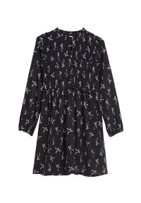 Navy lange mouw jurk met geplooide schouderpas, featuring een smock detail en een witte strikprint overal. Knoopsluiting bij de hals.