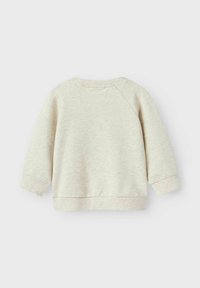Sweatshirt bej deschis, dintr-un material texturat, cu guler și mansete ribbate și mâneci raglan. Design simplu, fără modele sau accente vizibile.