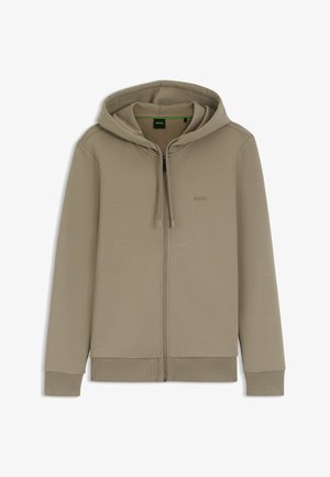 Beige zip-up hoodie met capuchon met trekkoord, geribbelde manchetten en zoom, en een subtiel "BOSS"-logo op de linkerborst.