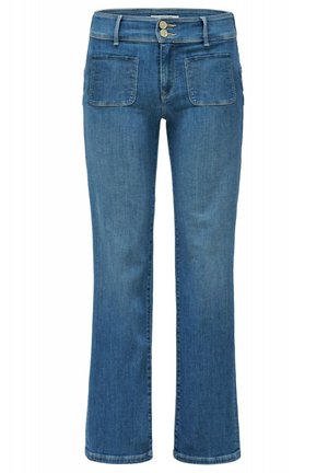 Jeans acampanados de mezclilla azul con cinturilla regular, dos bolsillos delanteros y traseros, y cierre con doble botón en la cintura.