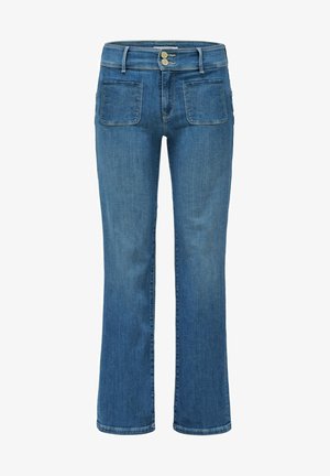 Jeans acampanados de mezclilla azul con cinturilla regular, dos bolsillos delanteros y traseros, y cierre con doble botón en la cintura.