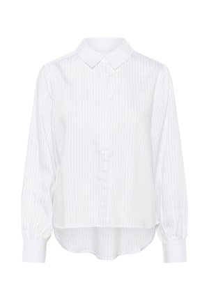 Biele tričko s dlhými rukávmi s modrými vertikálnymi pruhmi, klasickým golierom, zapínaním na gombíky vpredu a mierne zaobleným lemom. Mäkká látka, manžety rukávov so záhybmi.