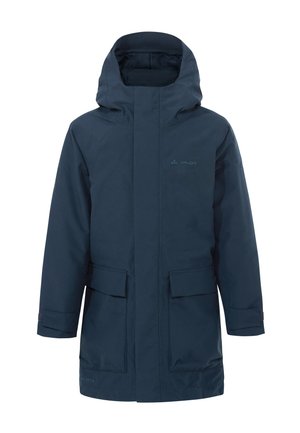 Cappotto invernale blu navy con cappuccio, tasche frontali con patta e collo alto, progettato per il freddo e l'uso all'aperto.