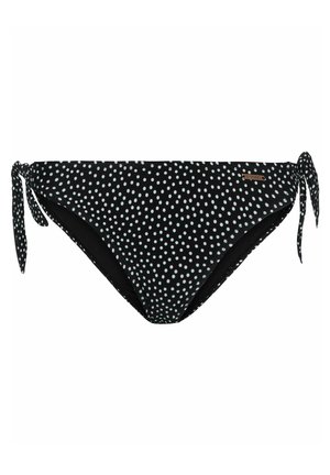 Černé spodní díly bikin se bílými puntíky, mají nastavitelná šňůrky na každé straně, vyrobené z elastického materiálu pro pohodlí.