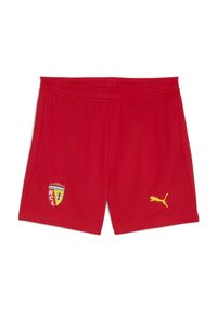 Shorts deportivos rojos hechos de tela ligera. Presentan el logo amarillo de Puma y el escudo del club con colores rojo, amarillo y negro. Cintura elástica.