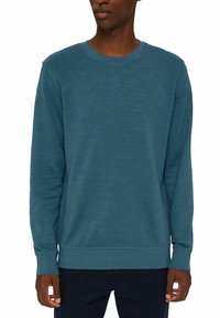 Sudadera de manga larga en color azul verdoso con cuello redondo y puños acanalados, que presenta una tela texturizada con patrones tonales sutiles. Diseño simple y de corte relajado.