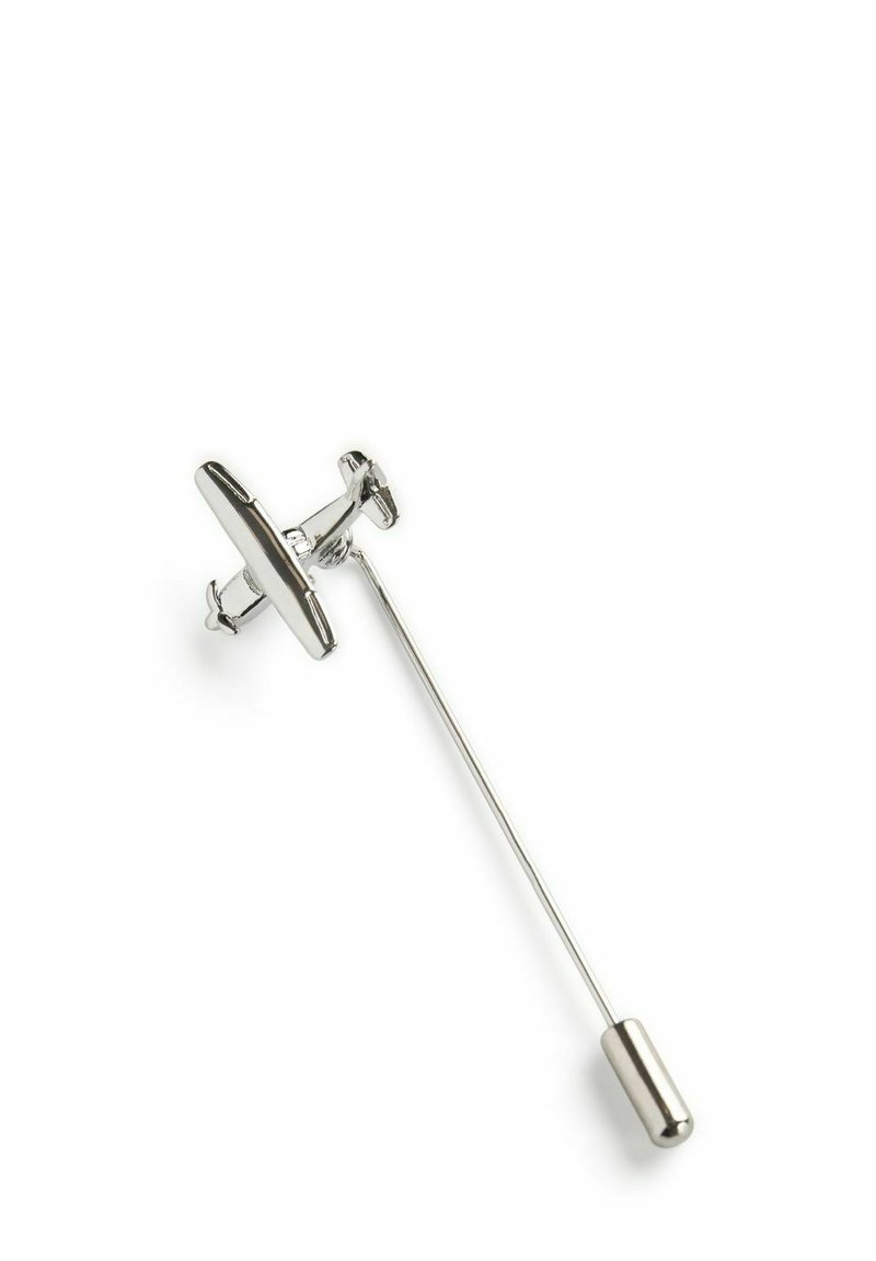 Silverfärgad metall slipsnål med en platt, avlång topp och en rak, tunn stav. Har en rundad ände för säker fästning.