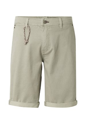 Shorts pour homme beige clair en tissu texturé, fermeture par bouton, passants pour ceinture, ourlets retroussés, avec un petit cordon tressé attaché au passant gauche.