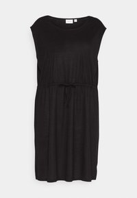 Vestido preto de mangas curtas feito de tecido suave. Apresenta um decote redondo e uma cintura elástica com cordão para ajuste.