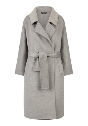Manteau en mélange de laine gris avec un col à revers, des manches larges et une ceinture assortie. Présente une texture douce et un design mi-long.