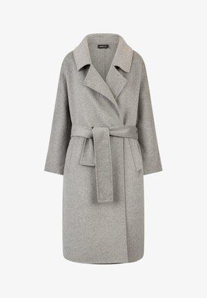 Grau melierter Wollmix-Mantel mit Reverskragen, weiten Ärmeln und passendem Gürtel. Verfügt über eine weiche Textur und ein knielanges Design.