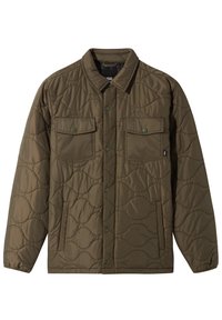 Olivgrön quiltad jacka med tryckknappar, två bröstfickor med klaff, två sidfickor och en spetsig krage.