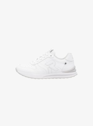 White athletic shoes with smooth leather upper, perforated toe, laces, and a contrasting grey heel accent. Side logo visible.