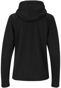 Zwarte hoodie met lange mouwen, gladde stof en een ontspannen pasvorm. Voorzien van een capuchon en geen zichtbare sluitingen of patronen.