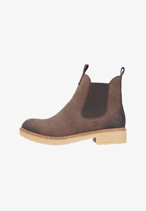 Botte Chelsea en cuir marron avec panneaux latéraux élastiques, semelle en caoutchouc beige, languettes à l'avant et à l'arrière, et logo de la marque embossé près du talon.