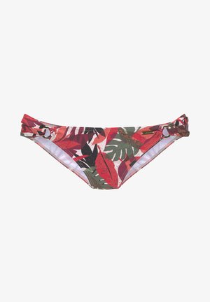 Bikiini põhja mitmevärvilise troopilise lehe mustriga, punase, rohelise ja musta tooni varjunditega. Omab külgaktsente metallist ringidega.