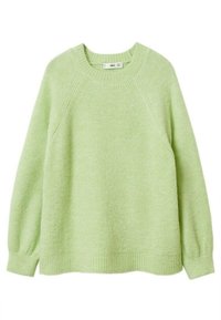 Jasnozielony sweter z miękkiej, teksturowanej tkaniny. Posiada okrągły dekolt, rękawy raglanowe oraz ściągacze na dole i przy mankietach.