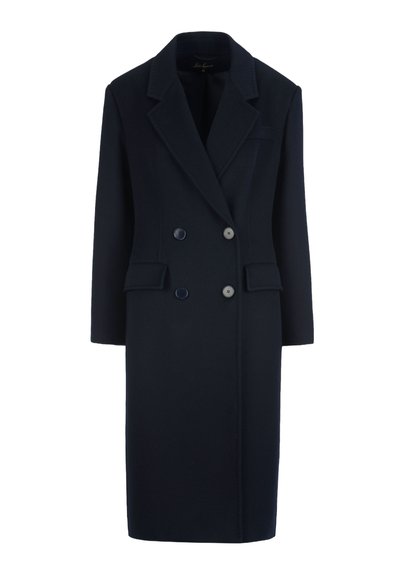 Manteau en laine bleu marine à double boutonnage avec col cranté, deux poches avant et boutons contrastants. Coupe ajustée et longueur genou.