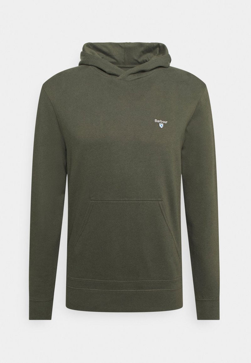 Sweat à capuche vert foncé avec poche avant et petit logo Barbour sur le côté gauche de la poitrine, présenté sur un fond clair uni.