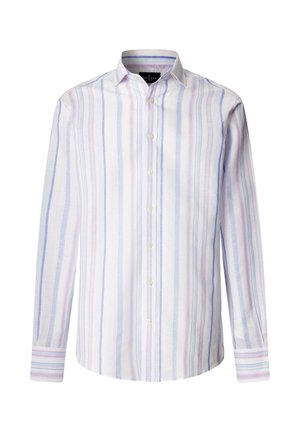 Herenoverhemd met lange mouwen en knopen, met verticale strepen in lichtblauw, roze en wit, voorzien van een klassieke kraag en met knopen afgewerkte manchetten.