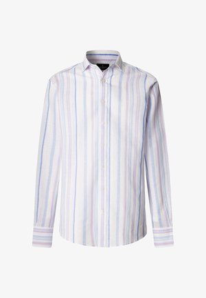 Męska koszula na długi rękaw z pionowymi paskami w kolorach jasnoniebieskim, różowym i białym, z klasycznym kołnierzykiem i mankietami na guziki.