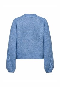 Jasnoniebieski krótki sweter o fakturowanym wykończeniu, z rękawami raglanowymi i prążkowanym dołem. Wzór zawiera akcenty w formie warkoczy na rękawach.