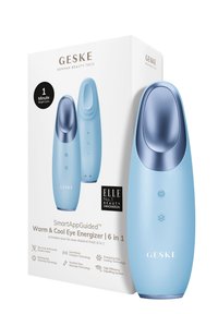 Énergiseur pour les yeux chaud et frais en plastique bleu clair avec une finition lisse, équipé de boutons, d'une forme arrondie et d'un design élégant.
