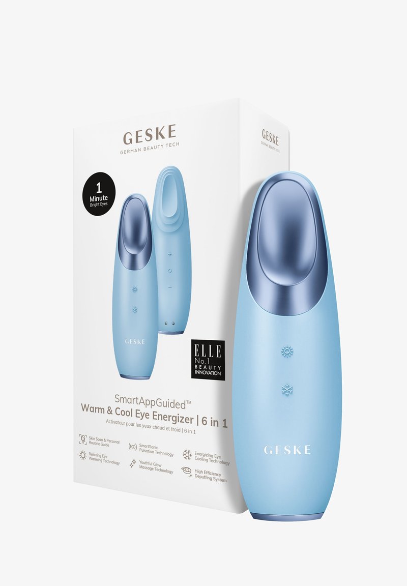 Énergiseur pour les yeux chaud et frais en plastique bleu clair avec une finition lisse, équipé de boutons, d'une forme arrondie et d'un design élégant.