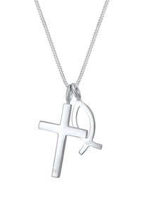 Zilveren hangersnoer met een kruis en een omega-symbool, beiden gepolijst met een gladde afwerking. De ketting is geweven en delicaat.