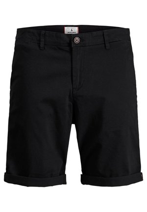Shorts en coton noirs avec une taille à boutons, des ourlets roulés et des poches latérales. Étiquette visible en haut à l'intérieur avec le label de la marque.