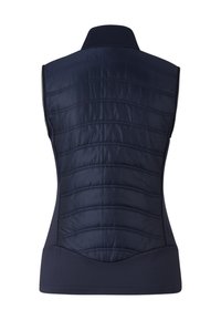 Marineblauwe mouwloze bodywarmer met een doorgestikt ontwerp, voorzien van een hoge kraag en een glad paneel onderaan. Het materiaal lijkt lichtgewicht te zijn met een matte afwerking.