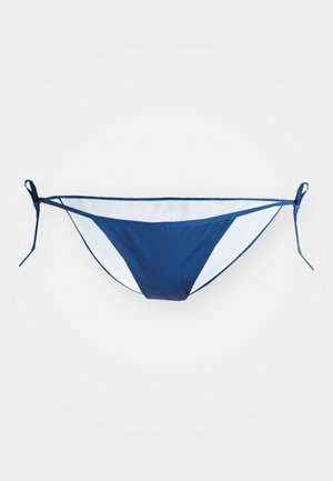 Navy-blue bikini bottom with white side panels, featuring adjustable ties for fit. Smooth texture and minimal design.