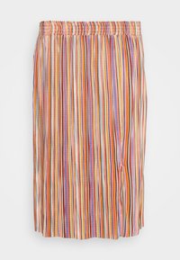 Jupe à rayures multicolores avec une taille élastique, comprenant des lignes verticales en rouge, bleu, jaune et vert, ainsi qu'une fente latérale.