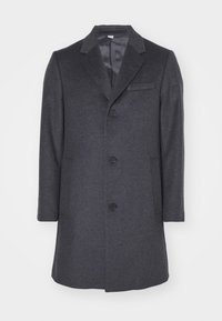 Cappotto di lana grigio con taglio dritto, revers a forma di V, tre bottoni, due tasche laterali e foderato in modo liscio.