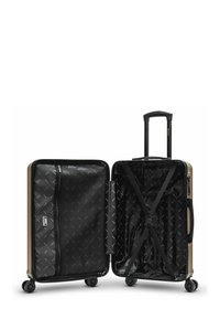 Valise rigide avec un extérieur beige, quatre roues noires et une poignée télescopique. L'intérieur est doté d'un revêtement noir et de compartiments pour l'organisation.
