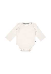 Langärmliger, cremefarbener Babystrampler aus sanftem Stoff, mit rundem Ausschnitt und Druckknopfverschluss an einer Schulter.