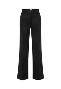 Zwarte wijde broek met witte streepdessin, met een hoge taille, knoopsluiting en omgeslagen zoom. Gemaakt van soepele stof.