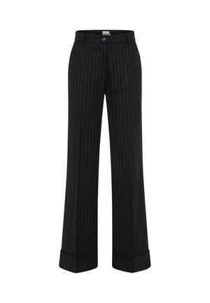 Zwarte wijde broek met witte streepdessin, met een hoge taille, knoopsluiting en omgeslagen zoom. Gemaakt van soepele stof.