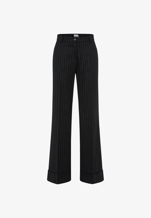 Black wide-leg trousers with white pinstripes, featuring a high waist, button closure, and cuffed hems. Made from smooth fabric.