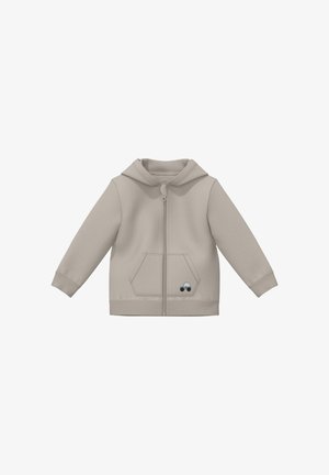 Hellgraue Kapuzenjacke für Kleinkinder mit Frontreißverschluss, Kängurutasche und kleinem blau-weißem Autodesign auf der Tasche.