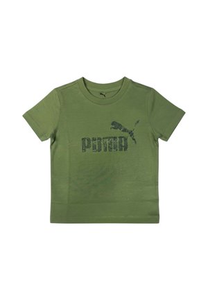Maglietta verde a maniche corte per bambini con scollo tondo e logo Puma scuro e testo stampati sul davanti.