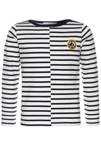 Langarmshirt mit horizontalen navyblauen und weißen Streifen, rundem Hals und einem runden gelben Logo mit einem Segelboot auf der linken Brust.