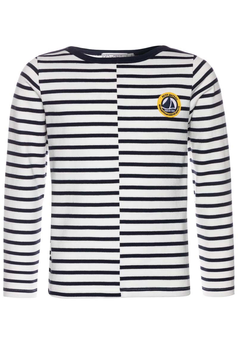 Langarmshirt mit horizontalen navyblauen und weißen Streifen, rundem Hals und einem runden gelben Logo mit einem Segelboot auf der linken Brust.