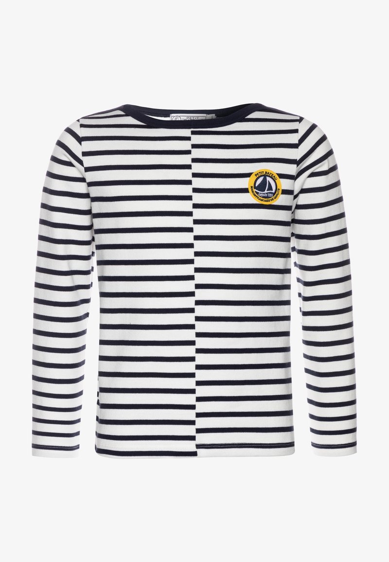 Langarmshirt mit horizontalen navyblauen und weißen Streifen, rundem Hals und einem runden gelben Logo mit einem Segelboot auf der linken Brust.