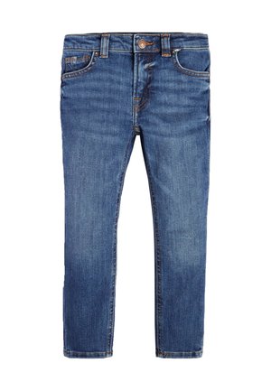 Jeans in denim di colore blu scuro con taglio dritto, cinque tasche, chiusura con bottone in ottone e leggero sbiadimento sulle cosce e ginocchia.