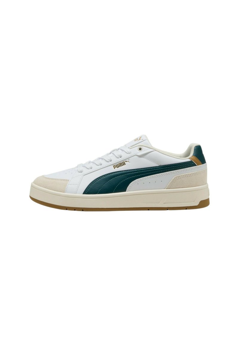 Sneaker bianche con accenti verde scuro e dettagli in suede beige, dotate di suola in gomma e design con lacci. Logo PUMA sul lato.