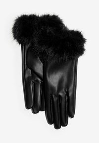 Čierne kožené rukavice s mäkkým čiernym umelým kožúškom na manžete. Majú hladkú textúru a priliehavý strih, vhodné do chladného počasia.