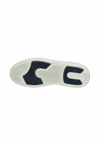Schoenzool gemaakt van rubber met een witte basis en donkerblauwe textuurpatronen voor grip, met een visgraatdesign en logo-detail.