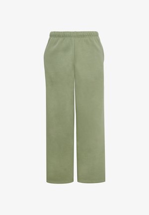 Pantaloni morbidi e di un tenue verde chiaro con cintura elastica, gamba ampia e una texture liscia. Nessuna tasca visibile o dettagli aggiuntivi.